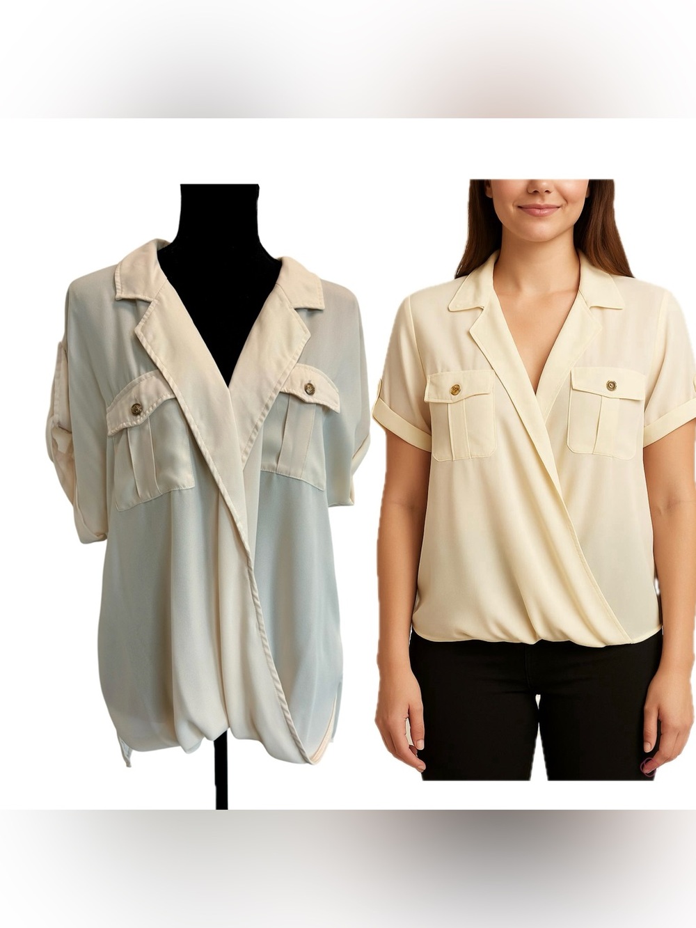 Dynamite light Cream chiffon draped wrap V-neck Button-Pocket Blouse roll tab L